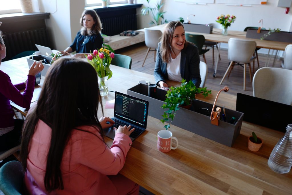 Women working and interacting in a bright, modern office with laptops and vibrant desk plants.