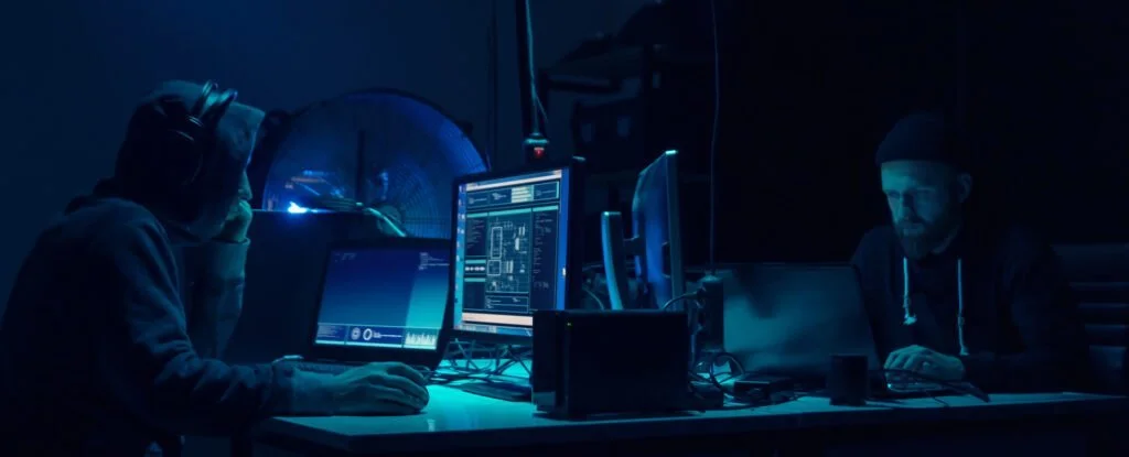 Two people working on laptops in a dark room with blue lighting, focused on their screens with audio equipment visible.