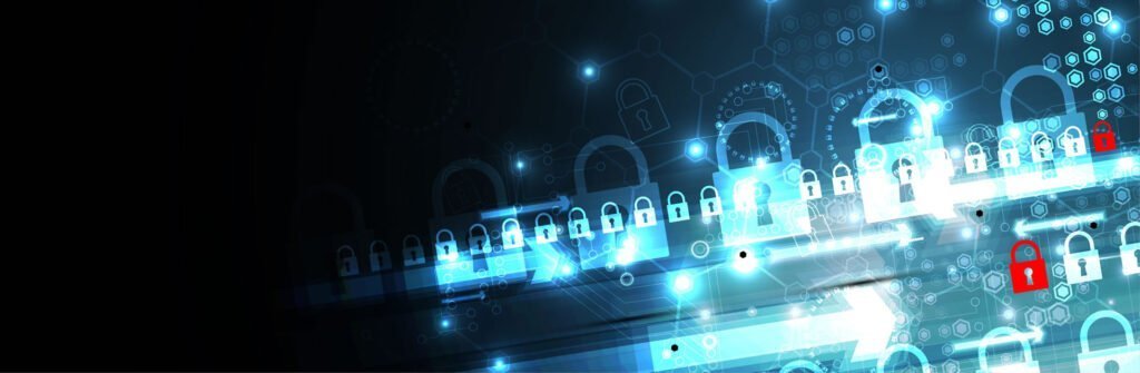 Abstract graphic of a digital security concept featuring glowing padlocks and circuitry on a blue background.