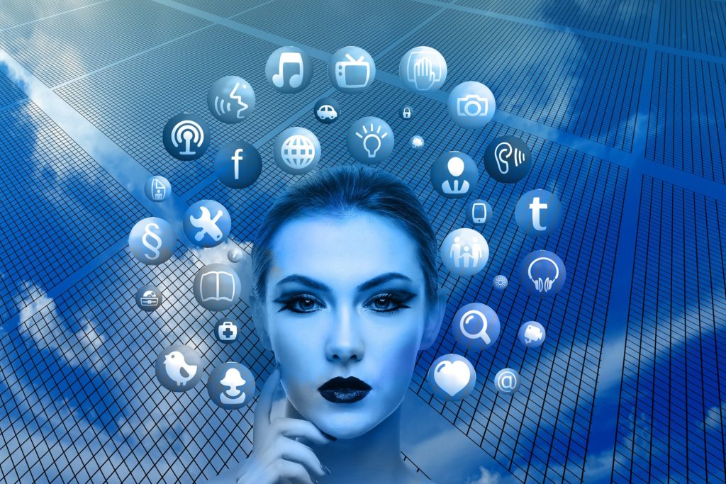 Woman with blue skin and makeup, contemplating digital icons overlaying a grid background, suggesting themes of school broadband and connectivity.
