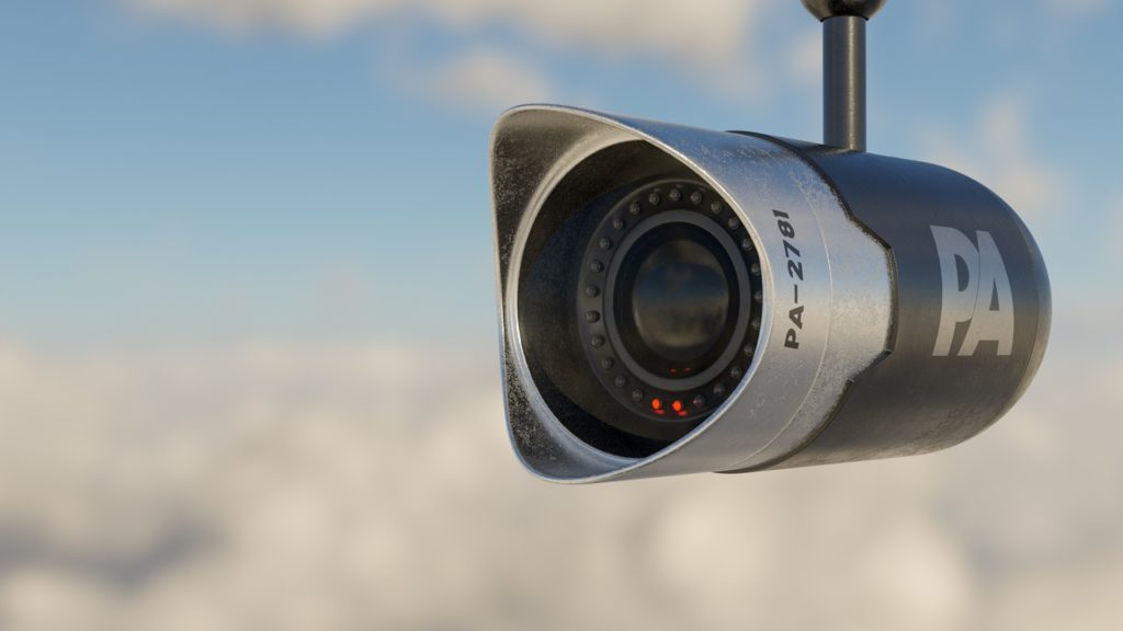 CCTV installation featuring an outdoor security camera with dew drops on it, set against a cloudy sky background.
