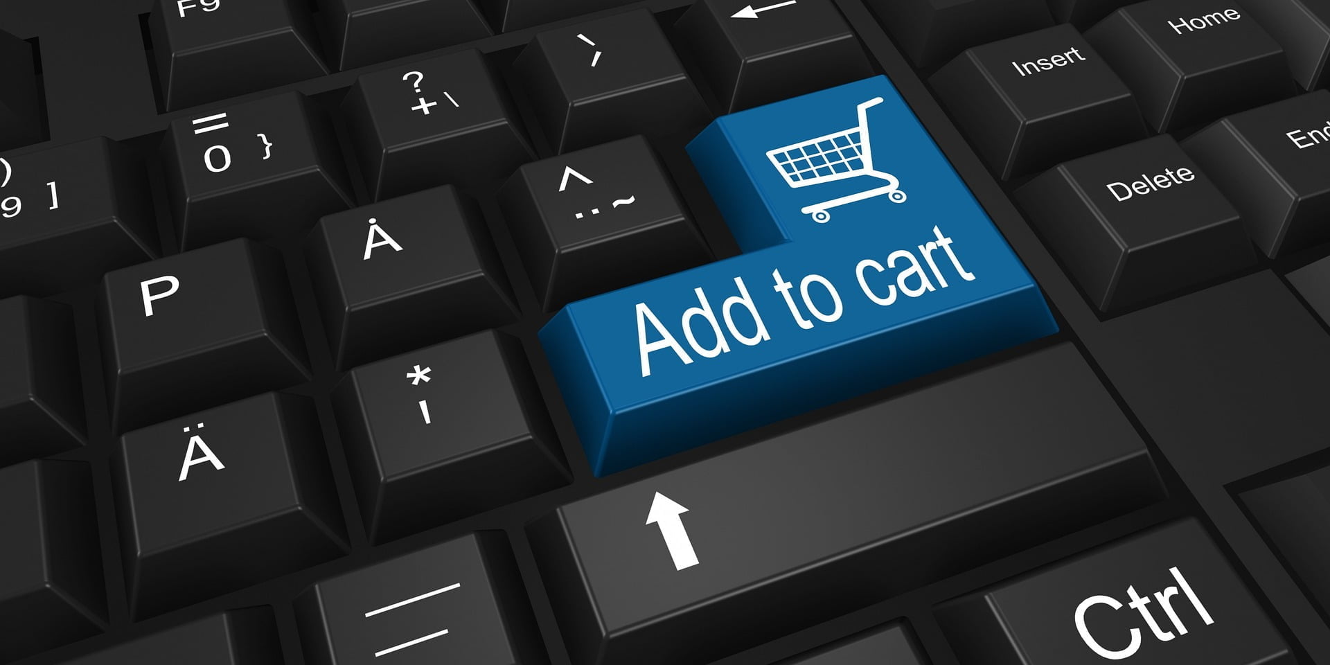 A keyboard with a blue "add to cart" button on one of its keys, symbolizing IT procurement services.