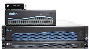 Three datto data backup devices stacked on top of each other, featuring front panel led indicators and branding.