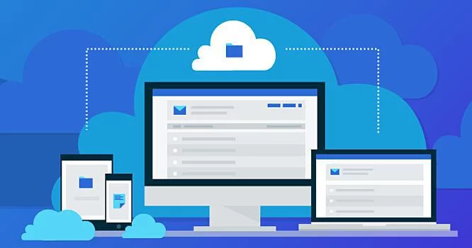 A graphic illustration showing a computer, a laptop, and a smartphone, all connected to cloud storage, symbolized by clouds, against a blue background.