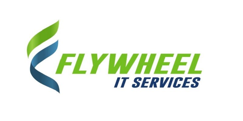 Logo of IT services featuring stylized green and blue swirl next to bold blue text.