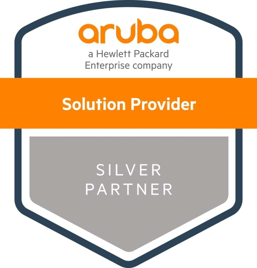 Logo of aruba, a hewlett packard enterprise company, labeled as "solution provider" and "silver partner" in a dual hexagonal design.