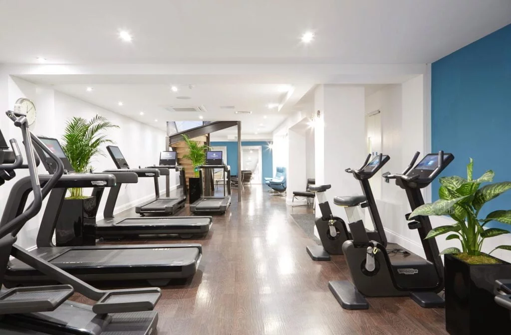 Modern Internet of Things gym interior with treadmills, exercise bikes, and potted plants, featuring a clean design with wooden floors and blue accent walls.