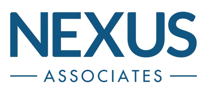 Logo of nexus associates featuring the word "nexus" in bold blue uppercase letters above a smaller, gray "associates.
