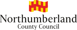 Logo of Northumberland County Council, prominently featuring ICT services for schools, with a stylized yellow and red flag above the name in black serif font.