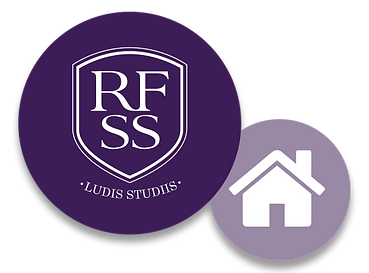 Logo of rfss with the motto 'ludis studiis' in a purple circle overlaid by a smaller circle featuring a complex white house icon.