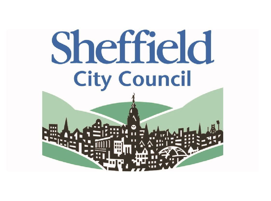 Logo of Sheffield City Council featuring stylized text above a green and white graphic of a cityscape with a prominent central tower, representing a grade 2 listed building.