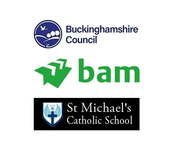 Logos of buckinghamshire council, bam construction company, and st. michael's catholic school displayed in a grid.