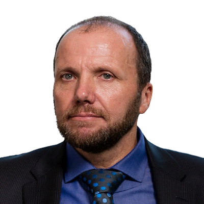 Meet the team: A middle-aged man with a beard in a navy suit and blue polka dot tie, against a plain background.