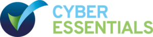 Logo of Cyber Essentials Certification featuring a stylized blue shield with a green check mark, alongside the words "cyber essentials" in green and blue font.