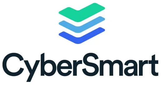 Logo of cybersmart IT services featuring a stylized green checkmark above a blue abstract shape, accompanied by the brand name in gray typography.