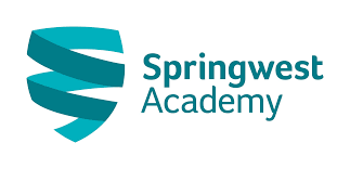 Logo of Springwest Academy featuring a stylized teal 'S' next to the school name in turquoise text, designed using PRINCE2 project management techniques.