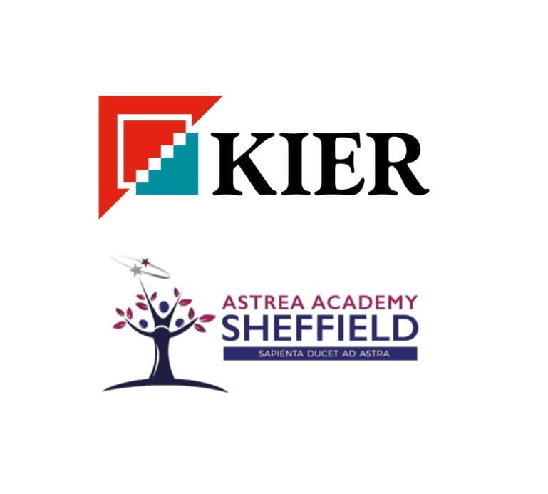 Logos of kier group and astrea academy sheffield, featuring a colorful geometric design for kier and a tree with stars for astrea, displayed on the facade of a grade 2 listed building, with Latin motto underneath.