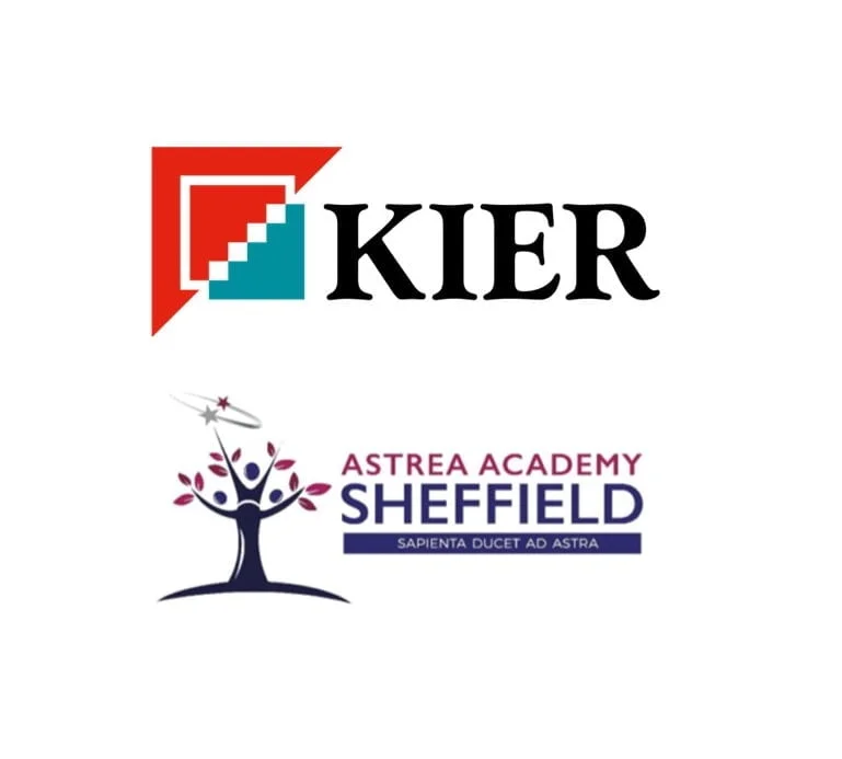 Logos of kier group and astrea academy sheffield, featuring a colorful geometric design for kier and a tree with stars for astrea, displayed on the facade of a grade 2 listed building, with Latin motto underneath.