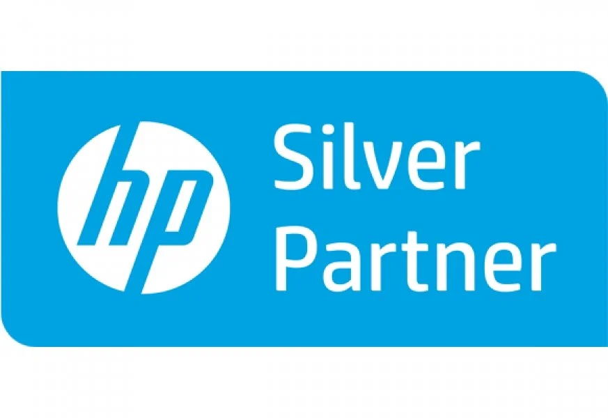 Logo displaying "hp silver partner" with the hp logo on a blue background.