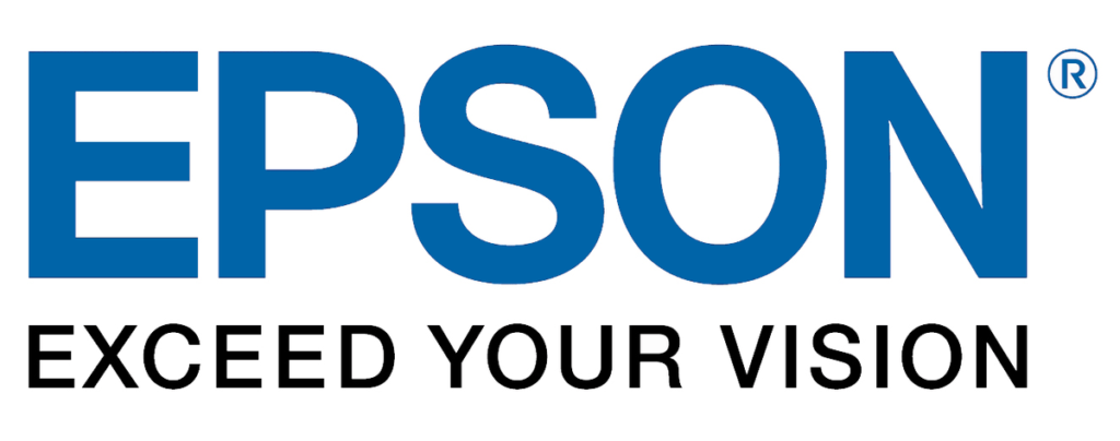 Epson logo in blue with the tagline "exceed your vision" below, both set against a white background, symbolizing their expertise in audio visual systems.
