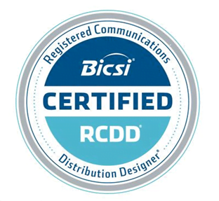 Logo of BICSI Registered Communications Distribution Designer (RCDD) certification, featuring blue and white color scheme with text and seal design, ideal for IT consultancy branding.