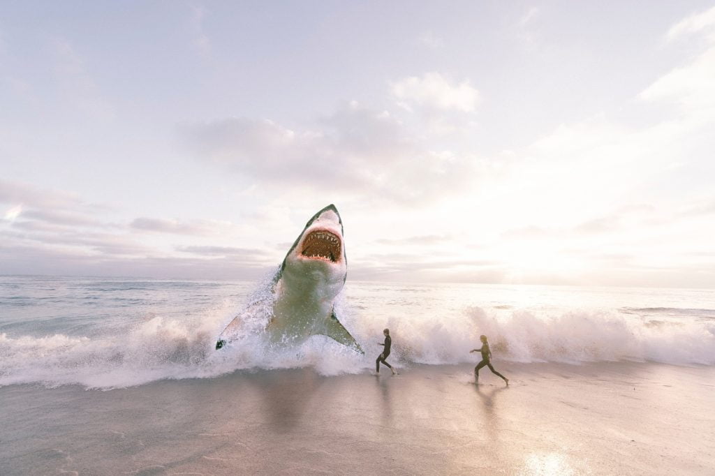 A digital composite of two people running on a beach as a giant shark, symbolizing email phishing, emerges dramatically from a wave during sunset.