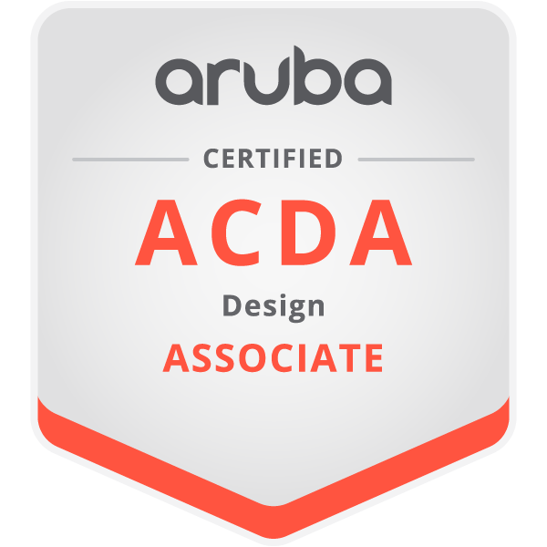 Certification badge for "aruba certified design associate (acda)" in IT consultancy with a grey and white color scheme and orange highlights.
