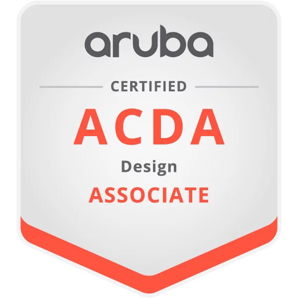 Certification badge for "aruba certified design associate (acda)" in IT consultancy with a grey and white color scheme and orange highlights.