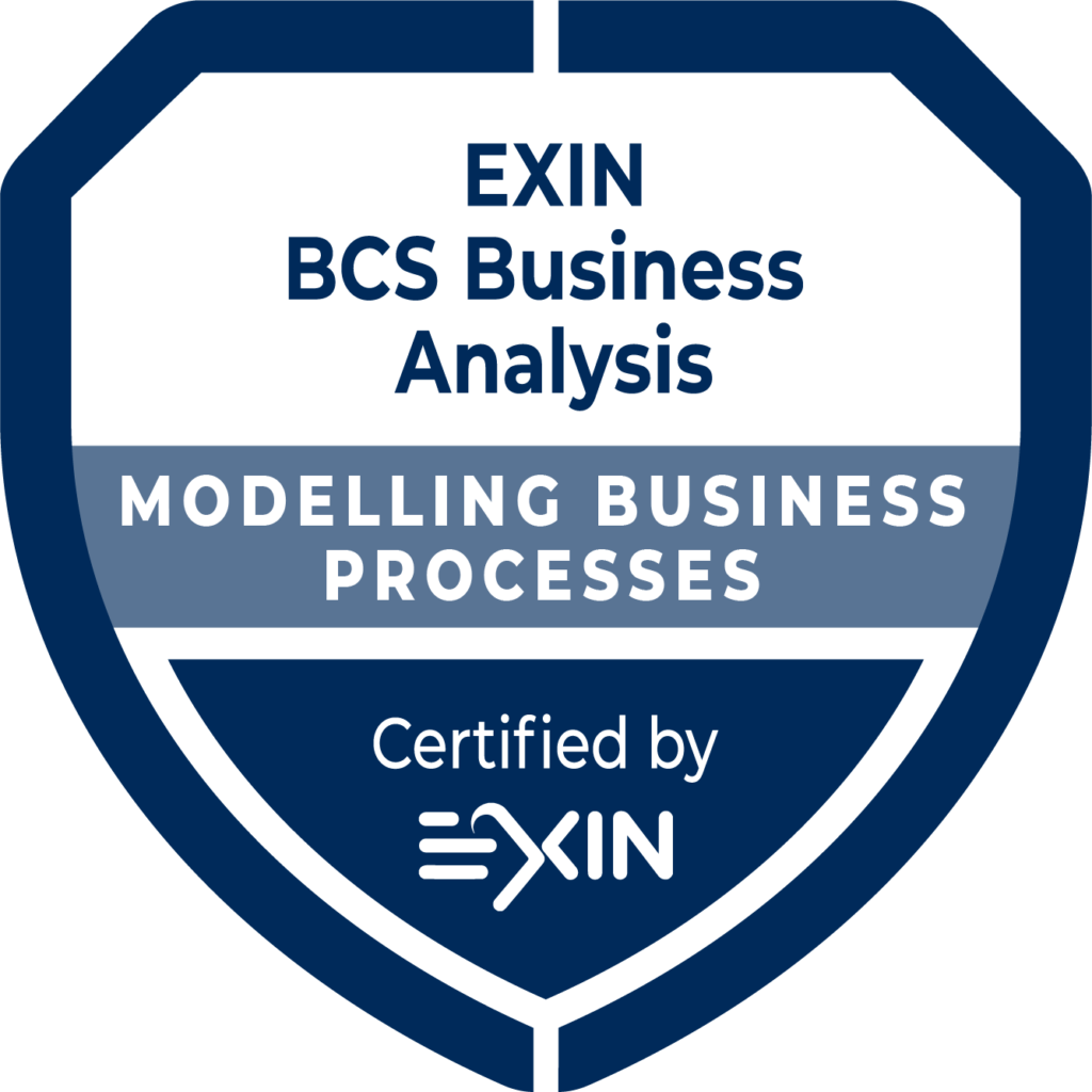 A blue and white exin certification badge for "IT consultancy and business analysis modelling business processes.