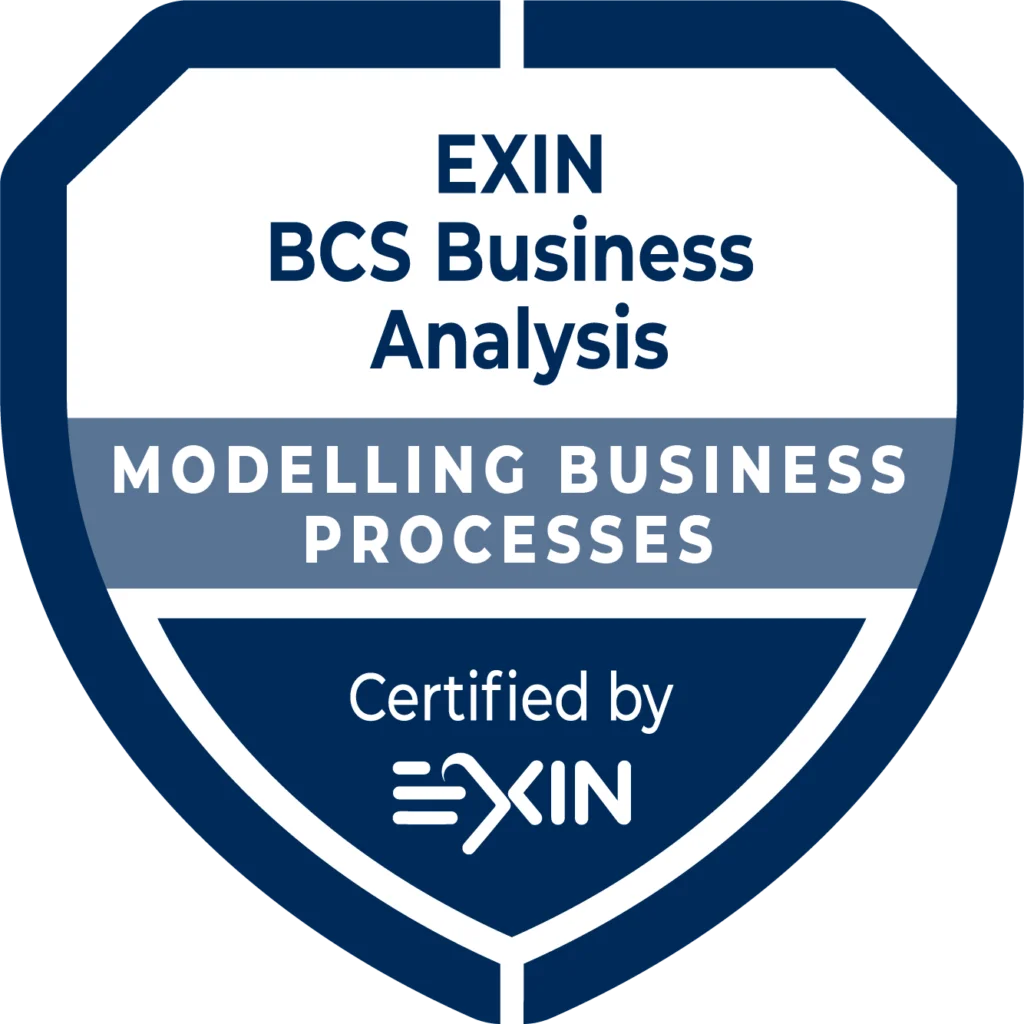 A blue and white exin certification badge for "IT consultancy and business analysis modelling business processes.