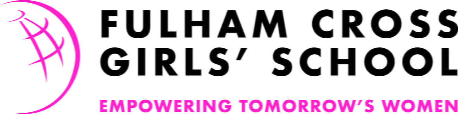 Logo of Fulham Cross Girls' School featuring a video wall with pink graphic elements and the text "Empowering Tomorrow's Women.