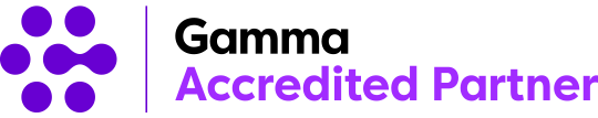 Logo of "accredited IT consultancy partner" featuring purple geometric shapes on the left, with the text in grey and purple on a white background.