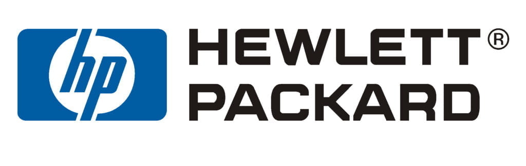Logo of Hewlett Packard featuring the letters 'hp' inside a blue square with a white circle and line, next to the full name in black text, representing their IT procurement services.