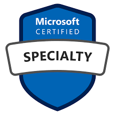 Microsoft certified IT consultancy specialty badge in blue and white with a shield and banner design.