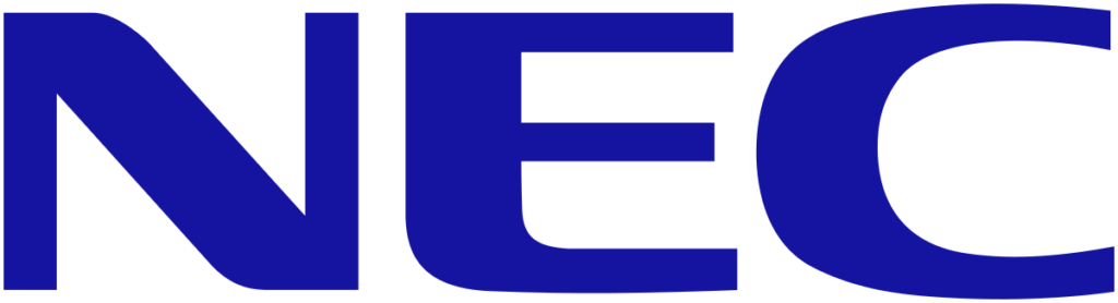 Blue NEC logo with bold, uppercase letters on a transparent background, representing audio visual systems.