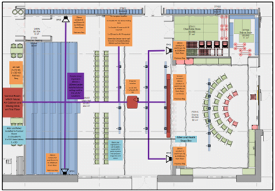 Color-coded floor plan showing various sections like lobby, seating area, audio visual systems, and storage with directional flow marked.
