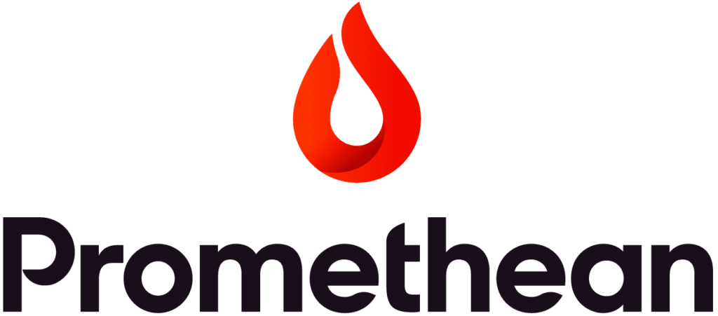 Logo of Promethean, featuring a stylized red flame above the brand name in dark green lettering, symbolizing their innovation in audio visual systems.
