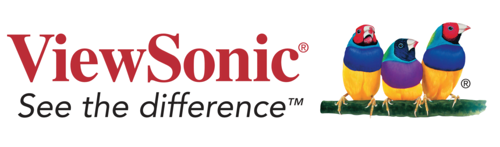 Viewsonic logo featuring the brand name in red and the slogan "see the difference" with AV solutions for business highlighted by two colorful finches perched on a branch.