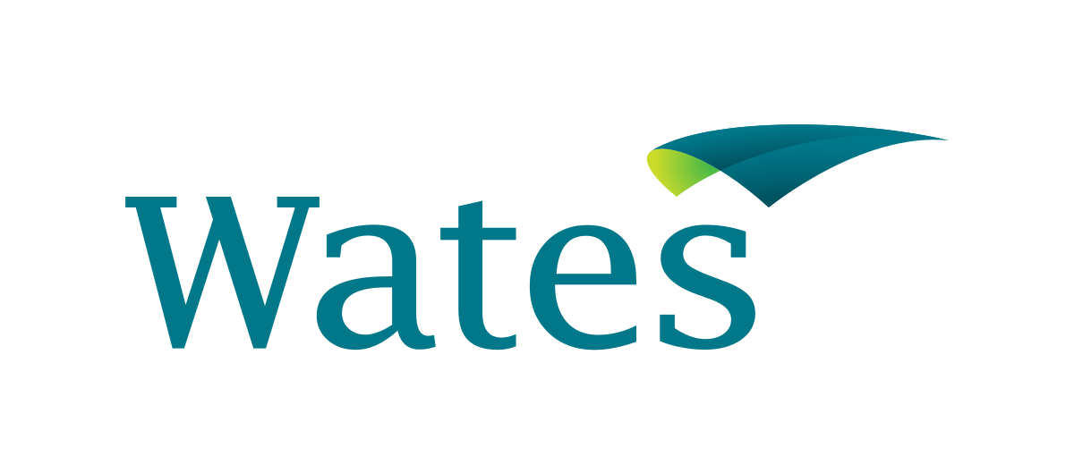 Logo of wates featuring the word "wates" in teal with a stylized blue and green leaf-like swoosh above the letter 'w'.