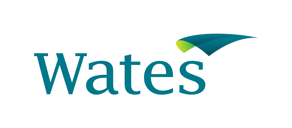 Logo of wates featuring the word "wates" in teal with a stylized blue and green leaf-like swoosh above the letter 'w'.