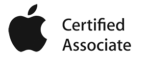 Logo featuring a stylized apple followed by the words "IT consultancy certified associate" in elegant script on a gray background.