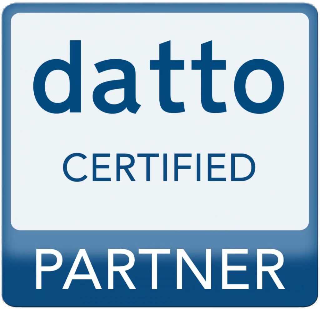 Blue and white "datto certified partner" badge for IT consultancy, prominently featuring the word "datto" at the top and "certified partner" below.