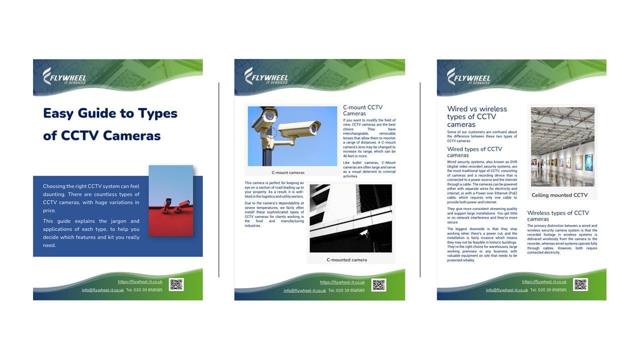 Three brochures from Flywheel Security, detailing types and features of CCTV cameras for educational purposes, alongside CCTV installation techniques, displayed side by side.