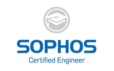 Logo of Sophos Certified IT Consultancy Engineer featuring a gray icon of a graduation cap inside a circle, above the bold blue text "Sophos.