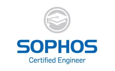 Logo of Sophos Certified IT Consultancy Engineer featuring a gray icon of a graduation cap inside a circle, above the bold blue text "Sophos.
