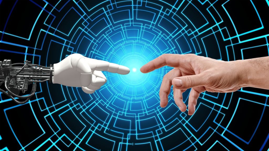 A human hand and a robot hand pointing at each other against a blue IT consultancy digital tunnel background.