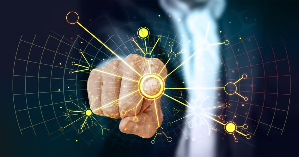 Digital illustration of a human hand interfacing with futuristic IT consultancy technologies, surrounded by abstract data networks and glowing nodes.