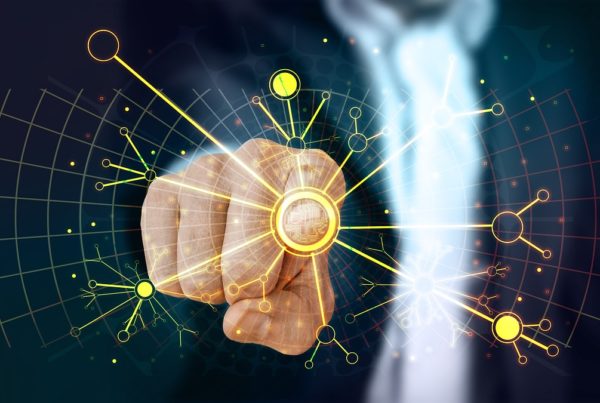 Digital illustration of a human hand interfacing with futuristic IT consultancy technologies, surrounded by abstract data networks and glowing nodes.
