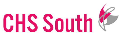 Logo of chs south featuring stylized pink text alongside a graphic of a pink and gray abstract flower on the right.