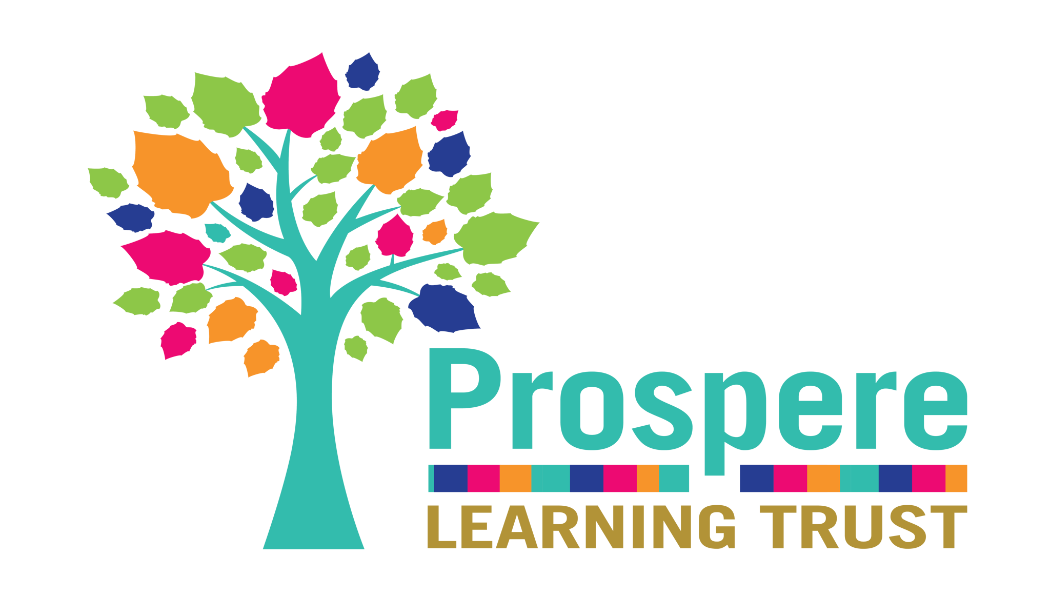 Logo of prospered learning trust featuring a colorful tree with multicolored leaves and the organization's name in bold beside it.